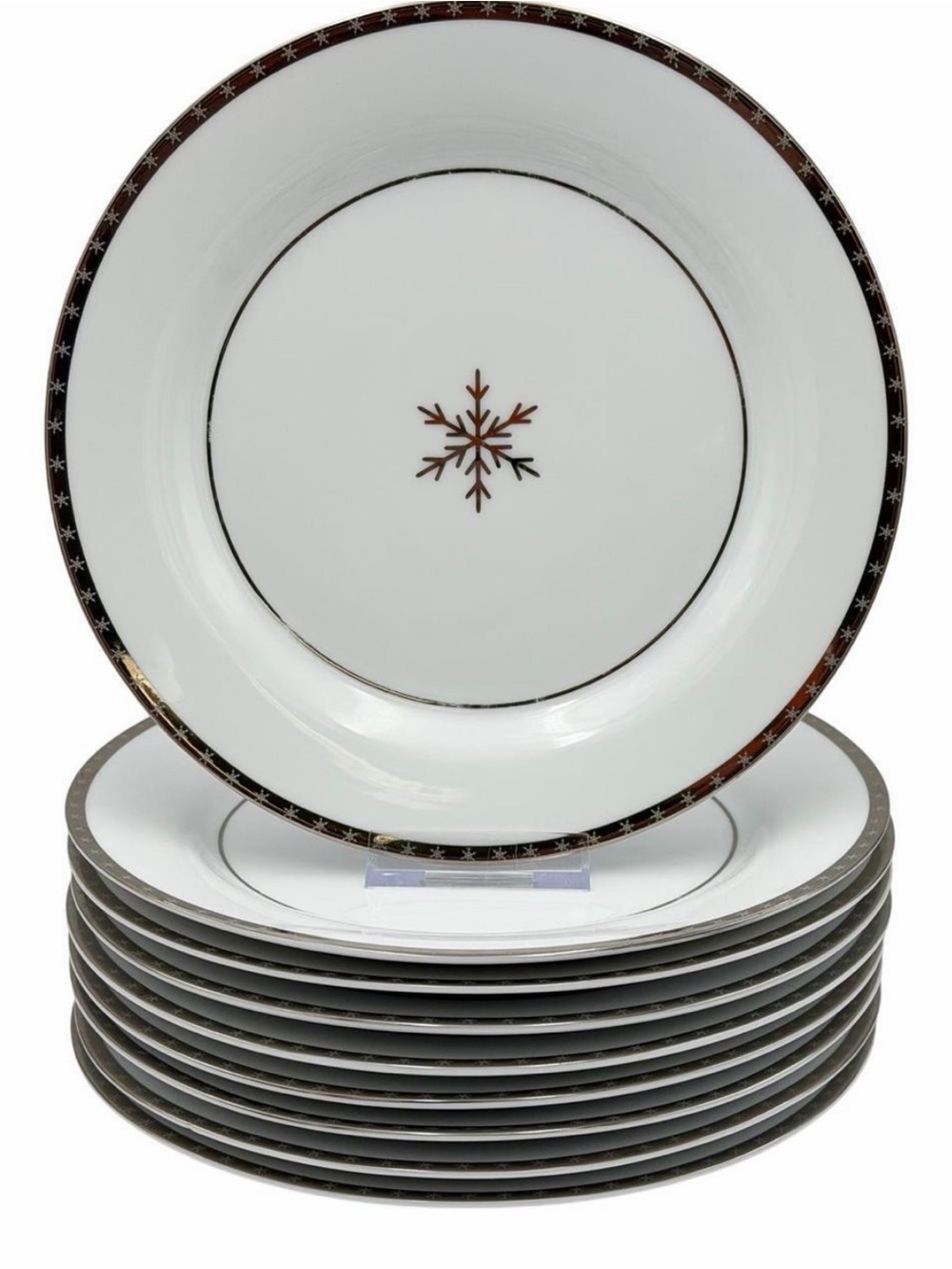 Holiday White and Brown Golden Snowflake Dinner Plate - Set of 4